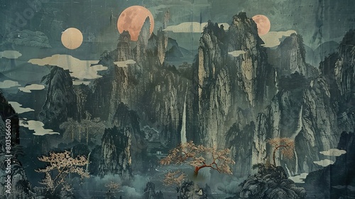 The scene transitions to mystical landscapes of mountains, rivers, and the sun and moon alternating, interspersed with depictions of mythical creatures and deities