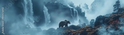 The image shows a large brown bear standing on a rock in the middle of a river