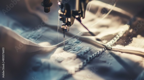 Sewing machine stitching a garment, close-up, needle and thread, precise details 