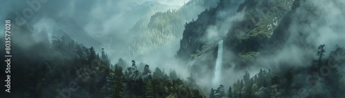 The mountains are shrouded in mist, creating a beautiful and mysterious scene.