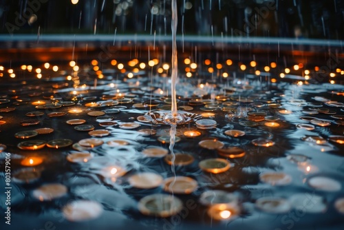 View into a fountain with a few coins in the wate reflecting the sunlight.