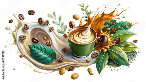 coffee beans skices and juice splash in the background, illustration, without background, transparent