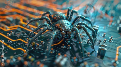 Schematic representation of a cyber spider on a circuit board