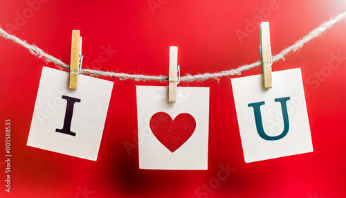 Photo of three paper cards with words i love u hanging with pins on rope string isolated on red background