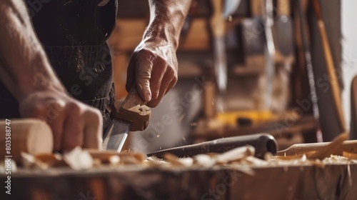 Craftsman carving wood in a historic furniture workshop, close-up, detailed chisels and wood grain