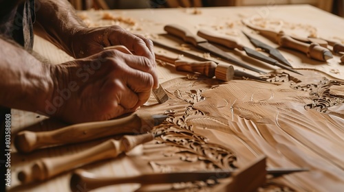 Craftsman carving wood in a historic furniture workshop, close-up, detailed chisels and wood grain 