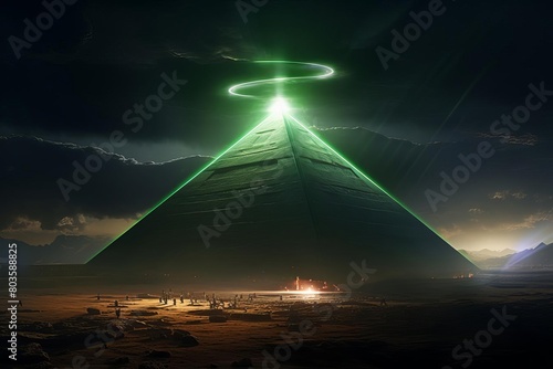 alien spaceship shooting light down to pyramid,worm eye view,night