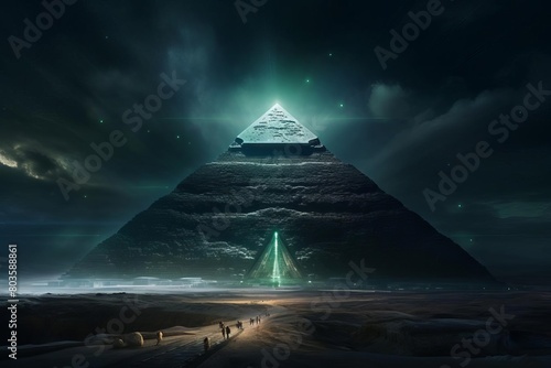 alien spaceship shooting light down to pyramid,worm eye view,night