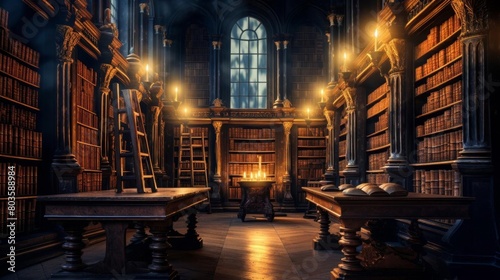 Ancient library shelves, rows of old books, dusty atmosphere, soft amber lighting, wide shot