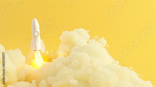 Minimalistic 3D rocket taking off, low poly clouds on a soft yellow background. Success concept. 3D Rendering. Illustration