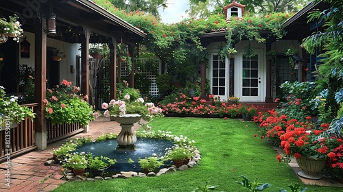 A beautiful garden in courtyard with flowers, neat green grass, fountains, and vines.