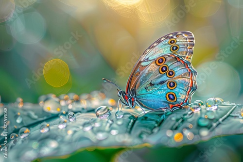 Blue morpho butterfly on a dewy leaf, closeup, crisp focus, sparkling water droplets, morning light