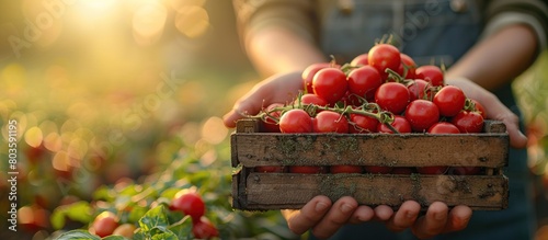 Hands holding a wooden box of harvested vegetables against a background of blurry green farm fields, with copy space to add text.