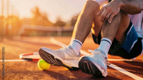 Sports injury. Close-up of tennis player touching his leg while sitting on the tennis court. sports. Illustrations