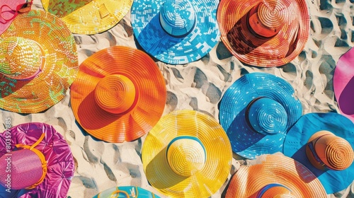 An electric blue hat, patterned scarf, stylish sunglasses, and a rainbow towel are laid out on the beach. The colors create a beautiful circle of art amidst the sand and water AIG50