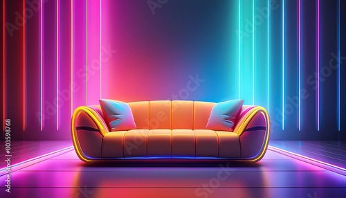 neon purple background with sofa