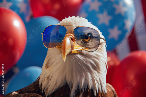 stylish bald eagle wearing sunglasses with american flag reflection