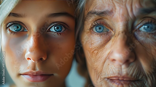 close up shot of a face looking at the camera, one half of the face is 30 years old, the other half of the same face is 50 years old with aging wrinkled skin looking older
