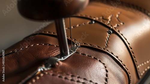 Stitching leather for shoe uppers, close-up, detailed needlework and smooth leather 