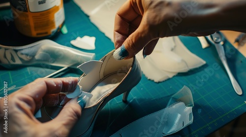 Assembling high heels, close-up, detailed attachment of heel to sole 
