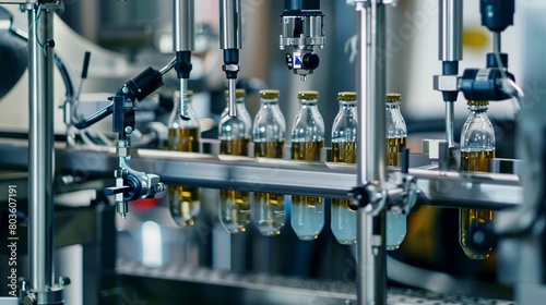 Close-up of automated bottling line, detailed filling, capping, and labeling actions