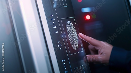Close-up of biometric access control at data center entrance, detailed fingerprint scanning 