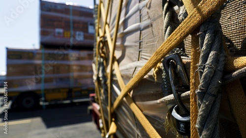 Close-up of securing straps on freight, detailed ratchet tie-down and heavy cargo 