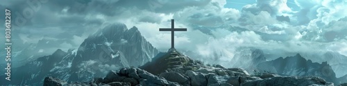 Rocky reverence backdrop showcasing a crucifix atop a rugged mountain, symbolizing strength and steadfastness in faith for outdoor wallpaper, banner