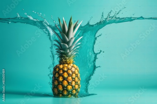 Fresh juicy pineapples in water splashes on turquoise background. Copy space, place for text. Raw fruits cut in water drops. Summer freshness, poster design. Flat lay, top view 