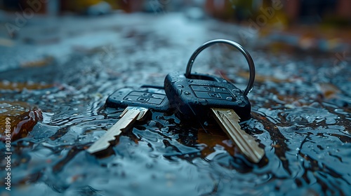 Low Angle Closeup Photography Of A Lost Car Keys In Rain/Flood, Lost Keys? Car Keys in Puddle - Wet Key Emergency, 