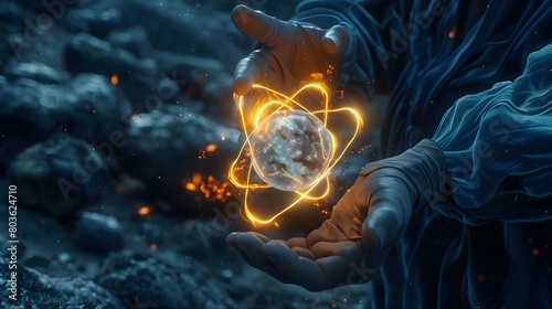 Glowing Atomic Sphere Held in Mysterious Hands Representing Scientific Discovery and Technological Innovation