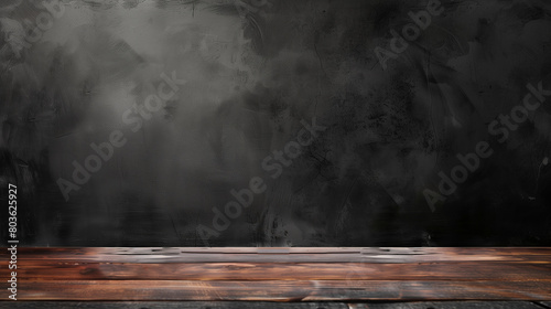A wooden table with a black background. The table is empty and has a wooden top. The background is dark and has a rough texture. The scene is simple and minimalistic