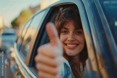 Woman inside her car gesticulate thumb up, A woman drives a car and shows a thumbs up