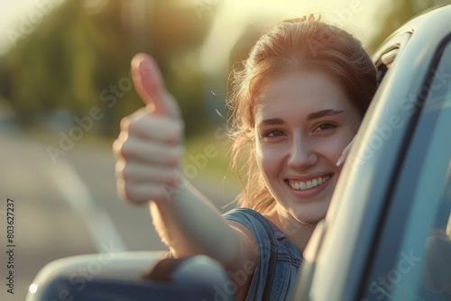Woman inside her car gesticulate thumb up, A woman drives a car and shows a thumbs up