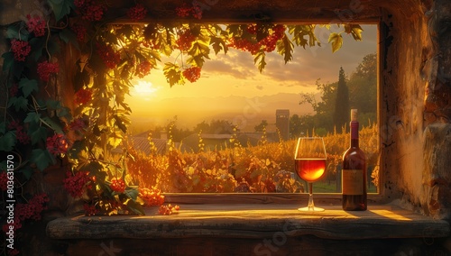 sunrise over the vineyards in Tuscany, seen from an old window with red flowers and vines