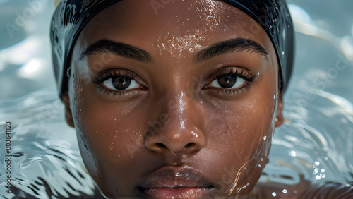 Streamlined Aquatic Style: Swim Cap on Black Swimmer, Hydrodynamic Elegance: Swim Cap for African-American Athlete, Dynamic Swimwear: Black Female Athlete in Swim Cap