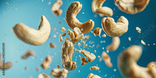 close up of cashew nuts falling against a blue background, generative AI