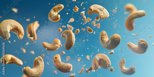 close up of cashew nuts falling against a blue background, generative AI