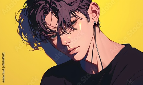 anime style. Cool K-pop male idol on a simple one color background , Generative AI 