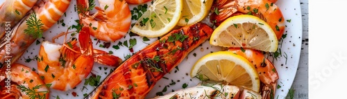 Seafood Feast, a variety of cooked seafood on a white plate or platter