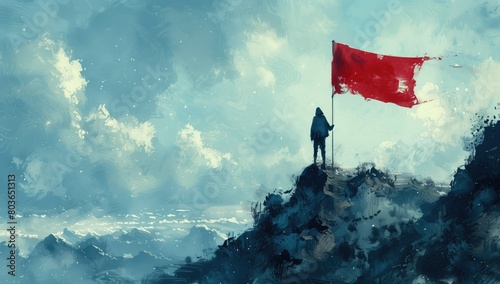 man on mountain holding the red flag