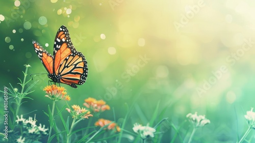 Monarch butterfly on orange flower with green bokeh background