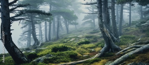 Misty mystical forest view of dead pine trees in the mountains