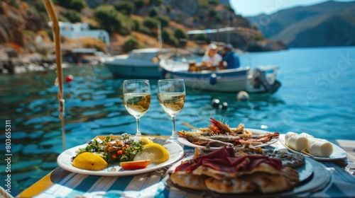 Sailing around the Greek Islands, stopping at small ports and enjoying fresh seafood by the water