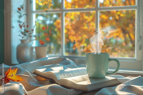 A quiet morning scene, individual reading by a sunny window, a steaming mug of coffee in hand, epitomizing serene comfort