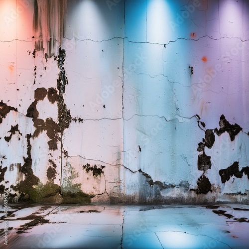 old wall with graffiti.A realistic painting depicting an old concrete wall illuminated by neon lights, capturing the gritty texture of the surface and the vibrant hues of the lighting, conveying a sen