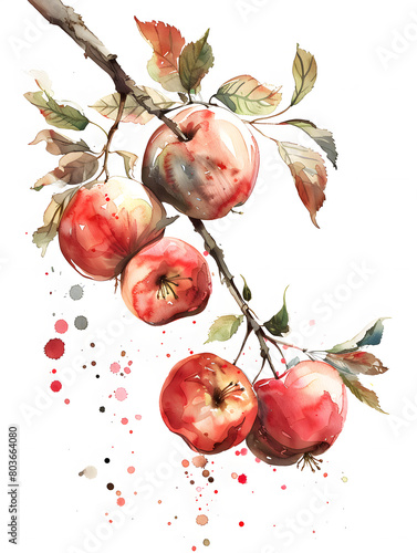 a watercolor painting of red apples hanging from a tree branch
