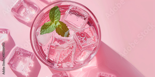 pink soda with ice cubes in a glass, with a mint leaf garnish on a pastel background, generative AI