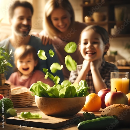 Happy Family Watching Salad Preparation in Sunny Kitchen
