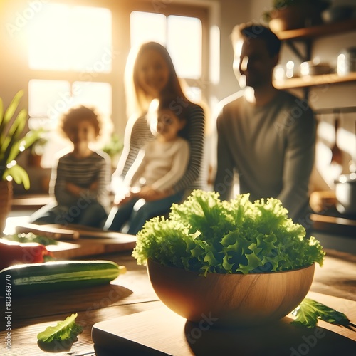 Happy Family Morning with Fresh Salad in Wooden Bowl